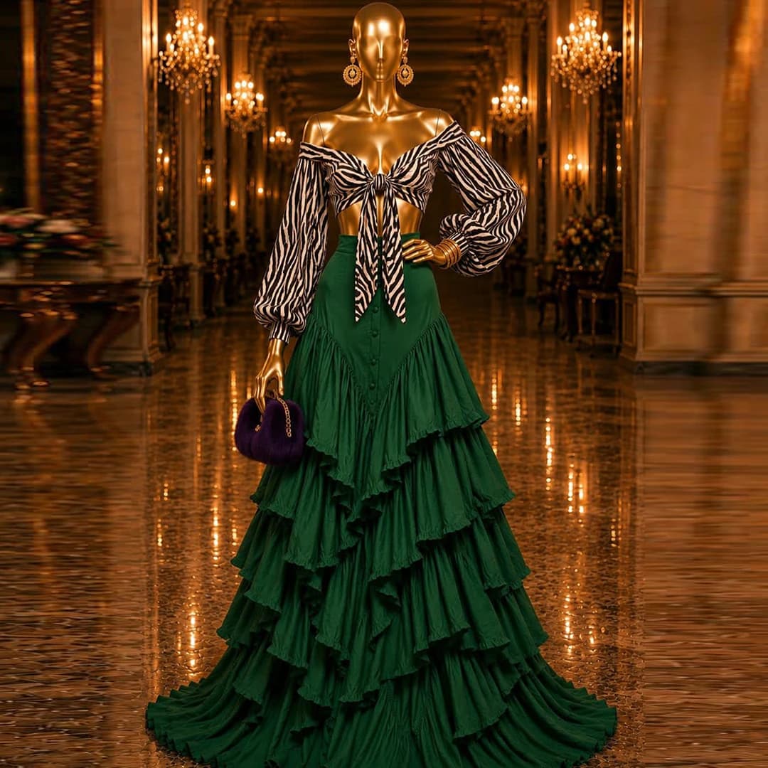 Jupe longue vintage en satin vert émeraude à volants étagés pour femme, taille haute, coupe trapèze,