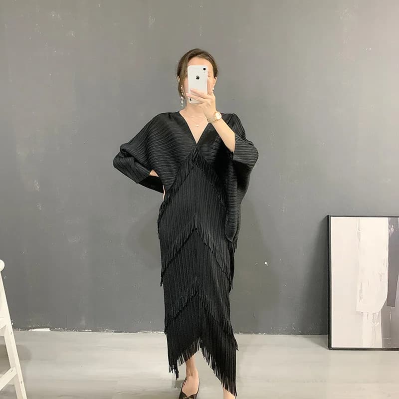 Robe de Soirée Décontractée à Franges pour Femme, Jupe à Franges, Col en V, Manches Chauve-Souris, S