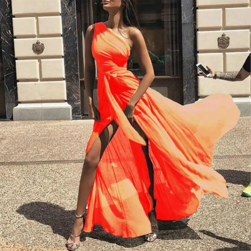 Robe longue élégante en mousseline de soie style jupe maxi, avec grand volant et manches princesse à