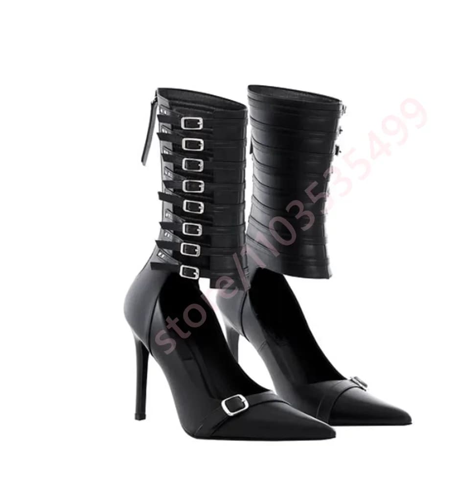 Bottes mi-mollet à talon aiguille pour femme, collection été 2026, bout pointu, multi-boucles, décou