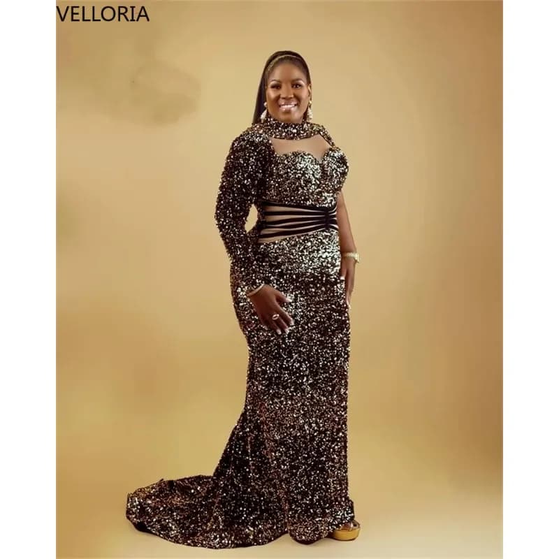 Robe sirène Aso Ebi à paillettes noires, robe de soirée perlée à manches longues, ceinture de taille