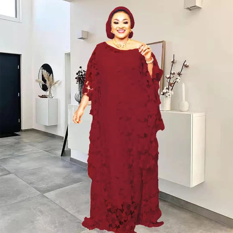 Femmes Robe en dentelle ample fête longue avec doublure col rond poignet manches chauve-souris mode 