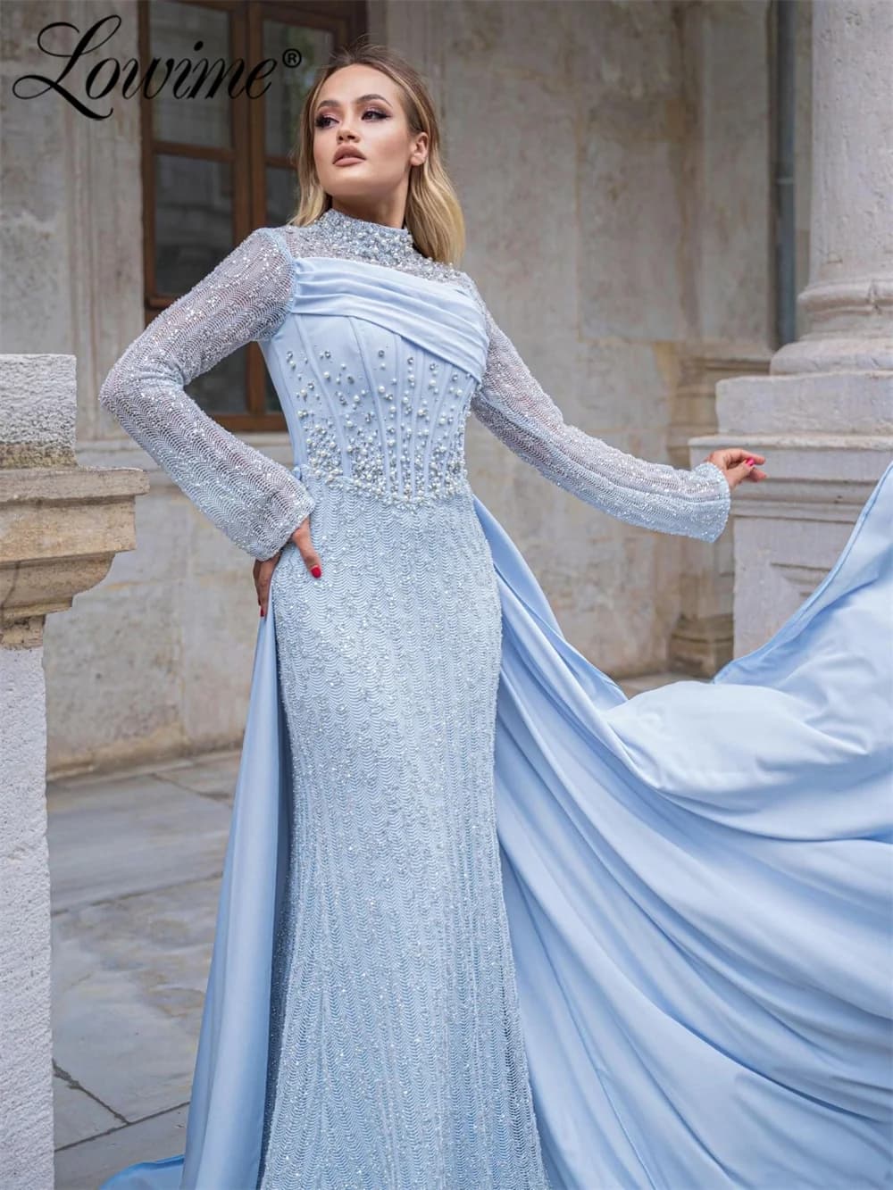 Robes de bal sirène arabes bleu ciel et rose à manches longues, robes de soirée formelles pour maria