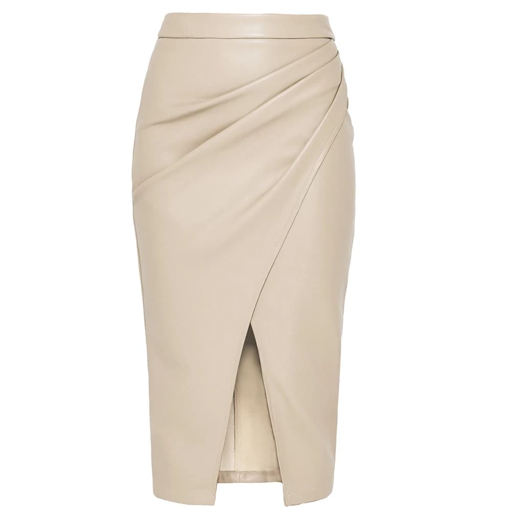 FairyShely Jupe mi-longue en similicuir PU pour femme, style A-line, taille haute, plissée, en jean,