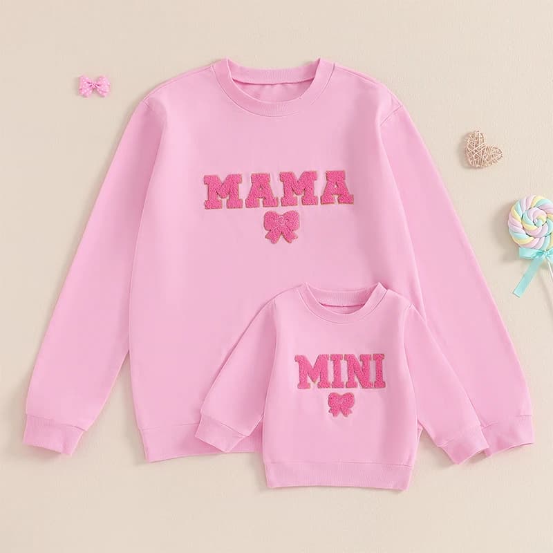 Lamuusaa-Tenues assorties maman et moi, vêtements mère et fille, streetwear brodé avec nœud, col ron