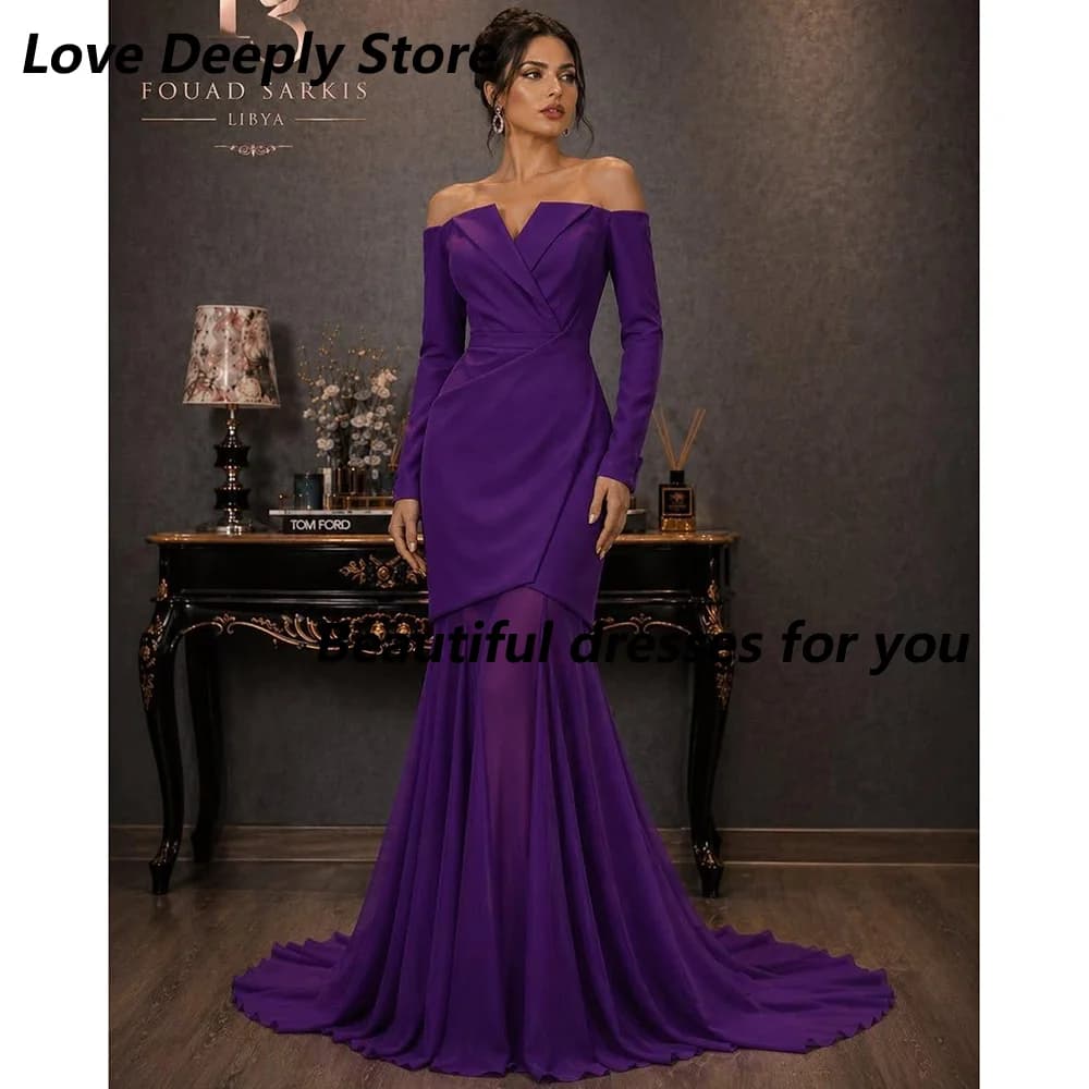 Robe de soirée longue violette élégante, personnalisée, manches longues, col en V, plissée, style si