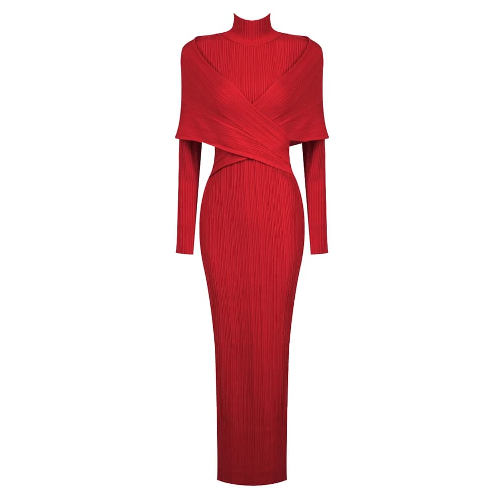 VC rouge Jacquard pansement longue robe col tortue conception croisée tricoté coupe ajustée châle St