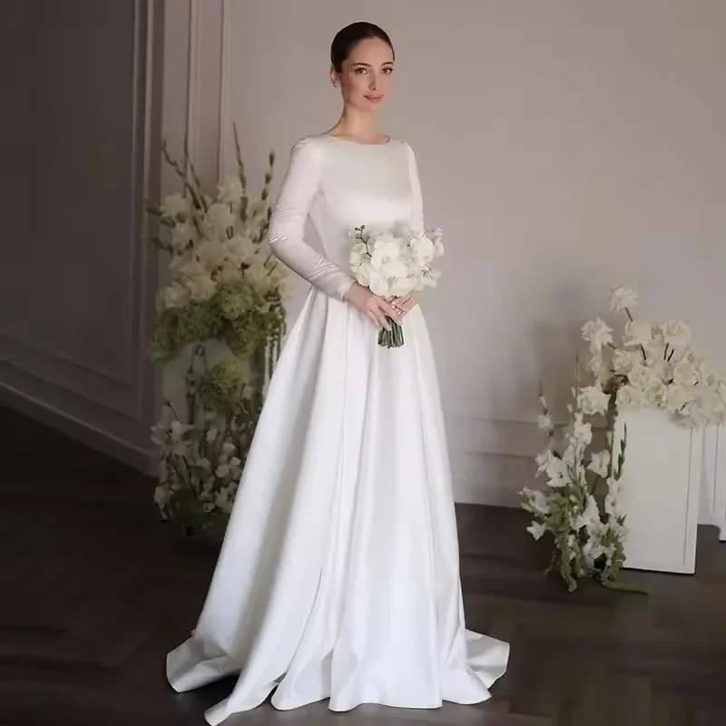Robe de mariée longue trapèze blanche personnalisée, Simple, col rond, manches longues, style Boho, 