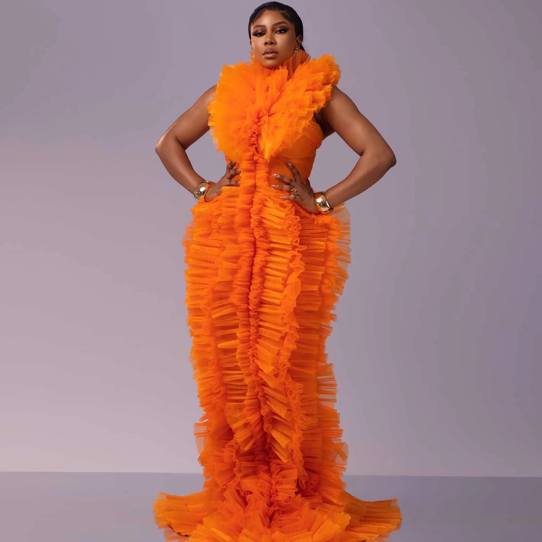 Superbes Robes de Soirée Orange à Volants en Tulle 2026 Nouvelle Robe de Bal Formelle Plissée à Étag