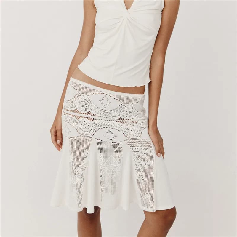 Jupe midi Y2K en dentelle crochet pour femme, taille basse, ajourée, motif floral, maille transparen