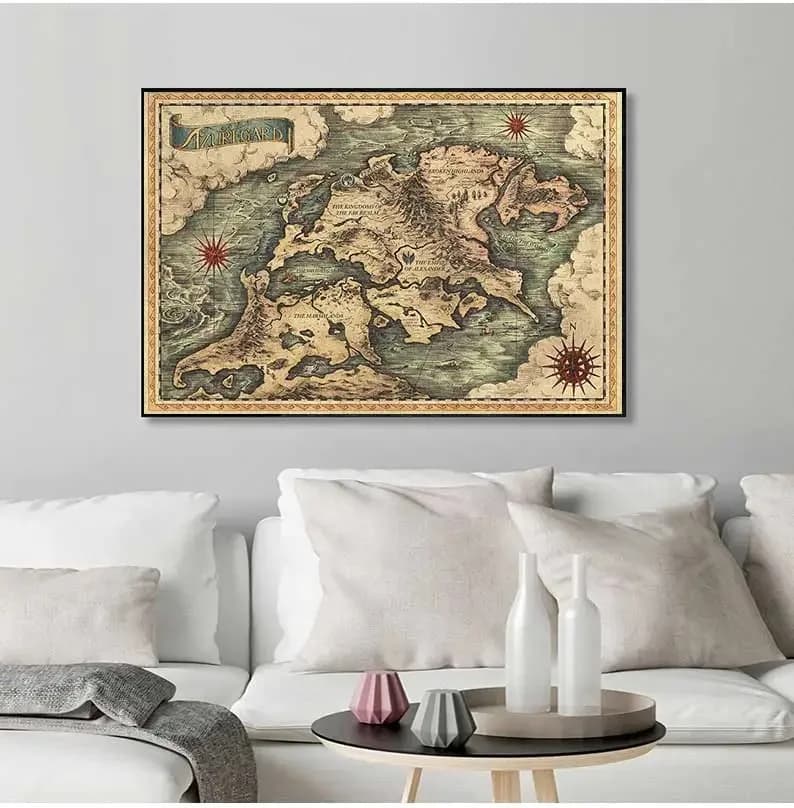 Affiche vintage de la carte de la Terre du Milieu du Seigneur des Anneaux - Art mural rétro pour cha
