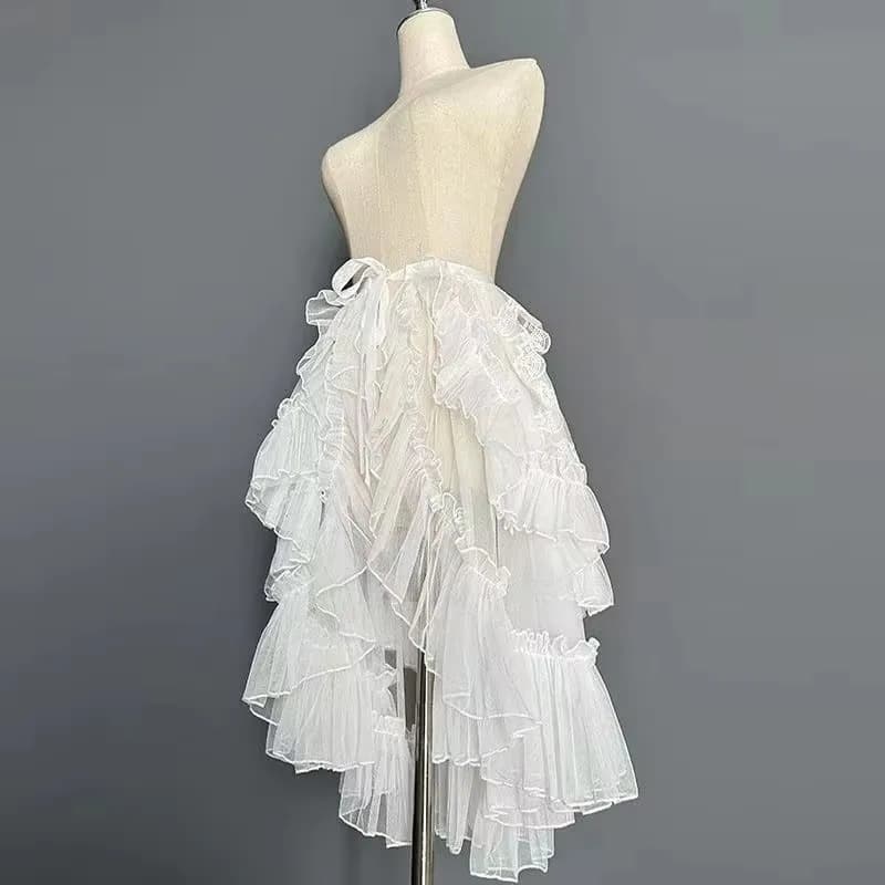 Gothique Lolita dentelle maille volants fée princesse jupe de fête femmes asymétrique mignon rideau 