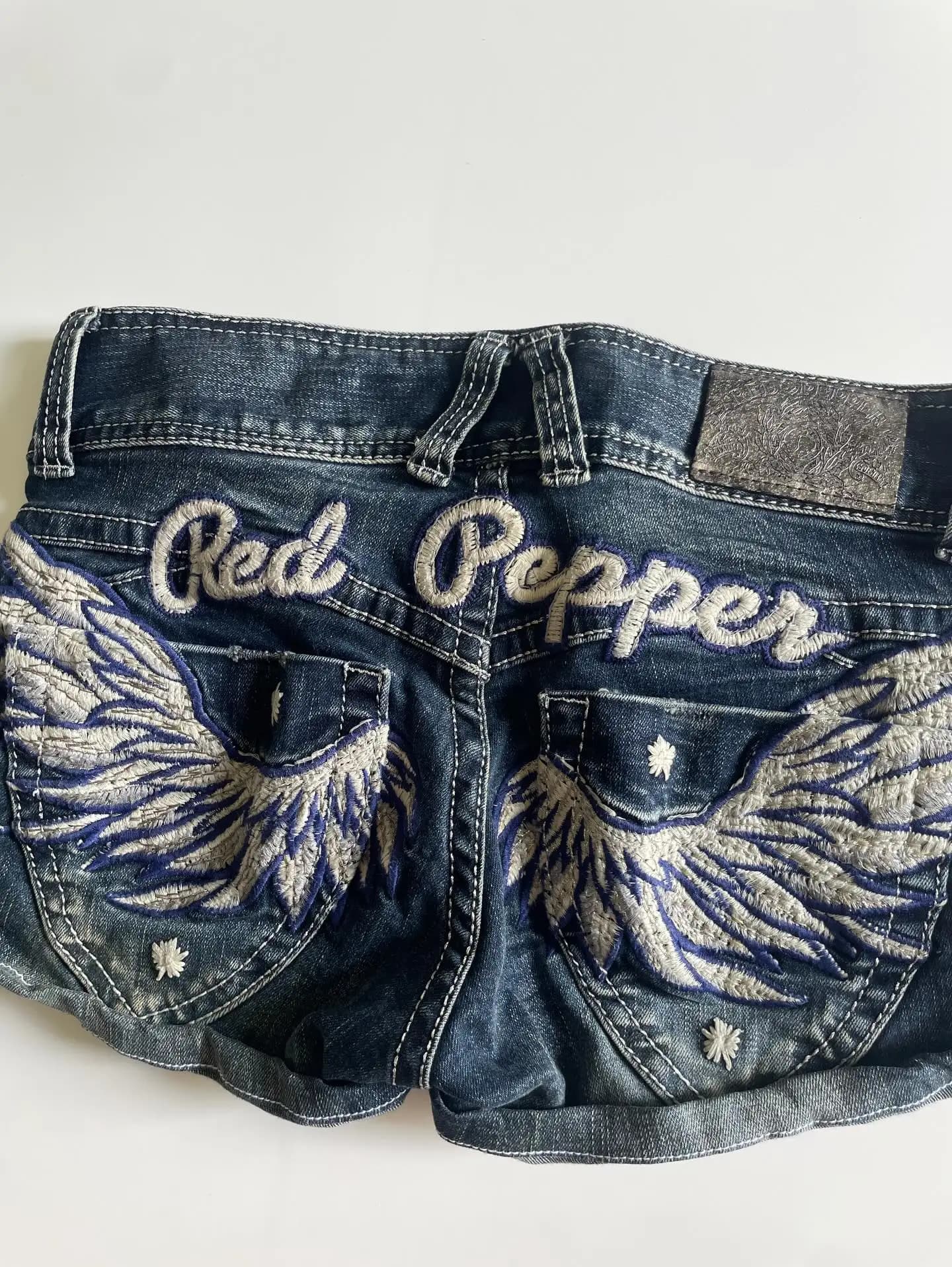 Mini-jupe slim en jean bleu clair taille basse, style Y2K, broderie ailes, vintage, Harajuku