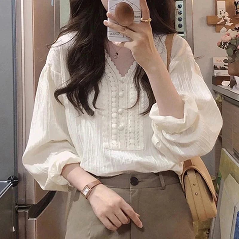 Chemisier en Coton à Manches sulfpour Femme, Élégant, Blanc, Col en V, Décontracté, Lanterne, Bureau