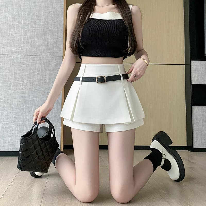 White A-Line Mini Skirt High Waist Pleated Women's Summer Slimming Short Pants Skirt Cute Small Size