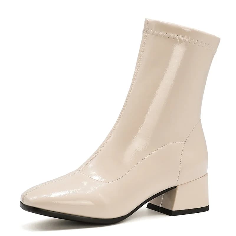 Bottines classiques blanches pour femmes, bottes courtes à talons bas, en cuir verni, or, argent, ch