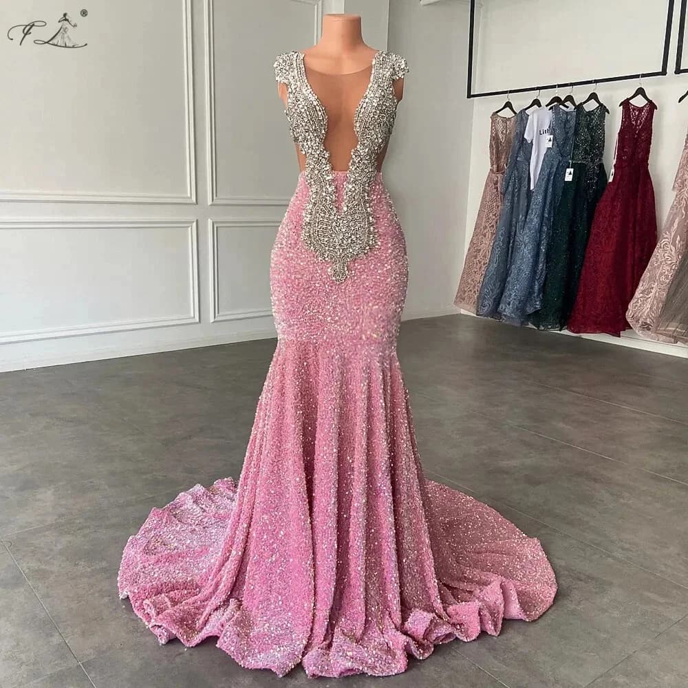 Robe de soirée sirène rose sexy sans manches avec strass et sequins, découpes, traîne au sol, robe d