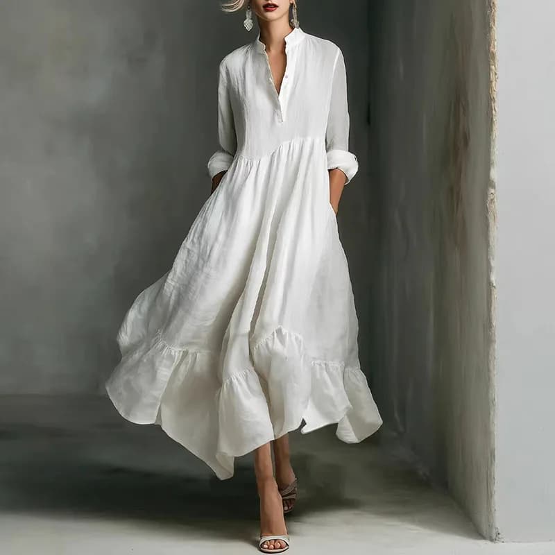 Robe longue blanche élégante pour femme, col en V, ourlet à volants, fluide, nouvelle collection pri