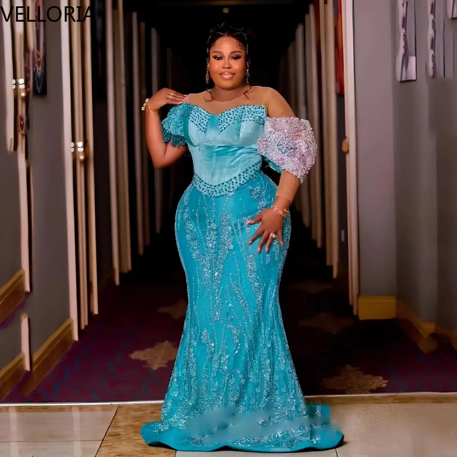 Robe de bal sirène perlée Turquoise pour femmes noires, Sexy, épaules dénudées, robe de soirée éléga