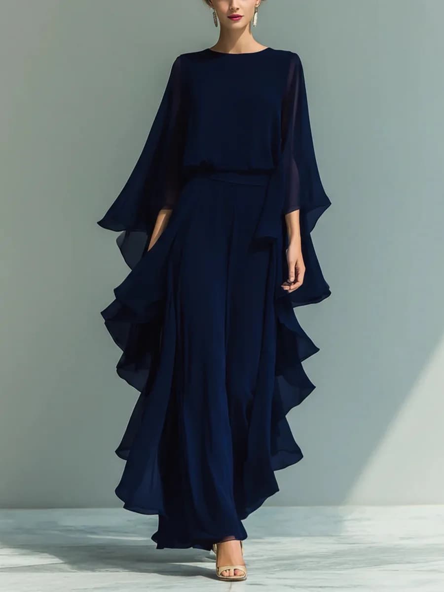 Ensemble haut en mousseline bleu marine et pantalon droit évasé pour femme 2026 avec détail volanté