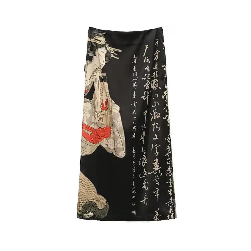 Jupes longues fendues en A pour femmes, imprimé tie-dye noir, style Harajuku, streetwear japonais, g