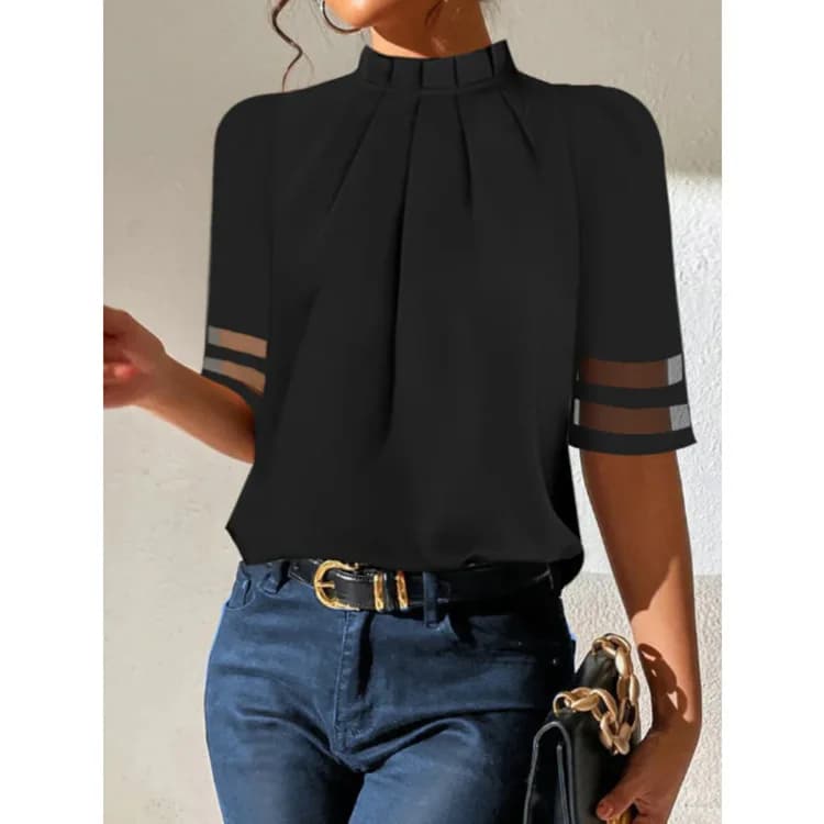 Chemise à col roulé noire à manches courtes pour femmes, haut décontracté élégant pour dames, chemis