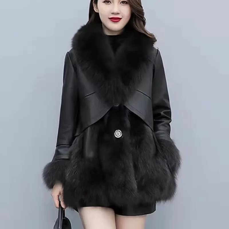 2025 femmes mi-long Style fausse fourrure veste hiver femme Pu cuir épissage fourrure vêtements d'ex