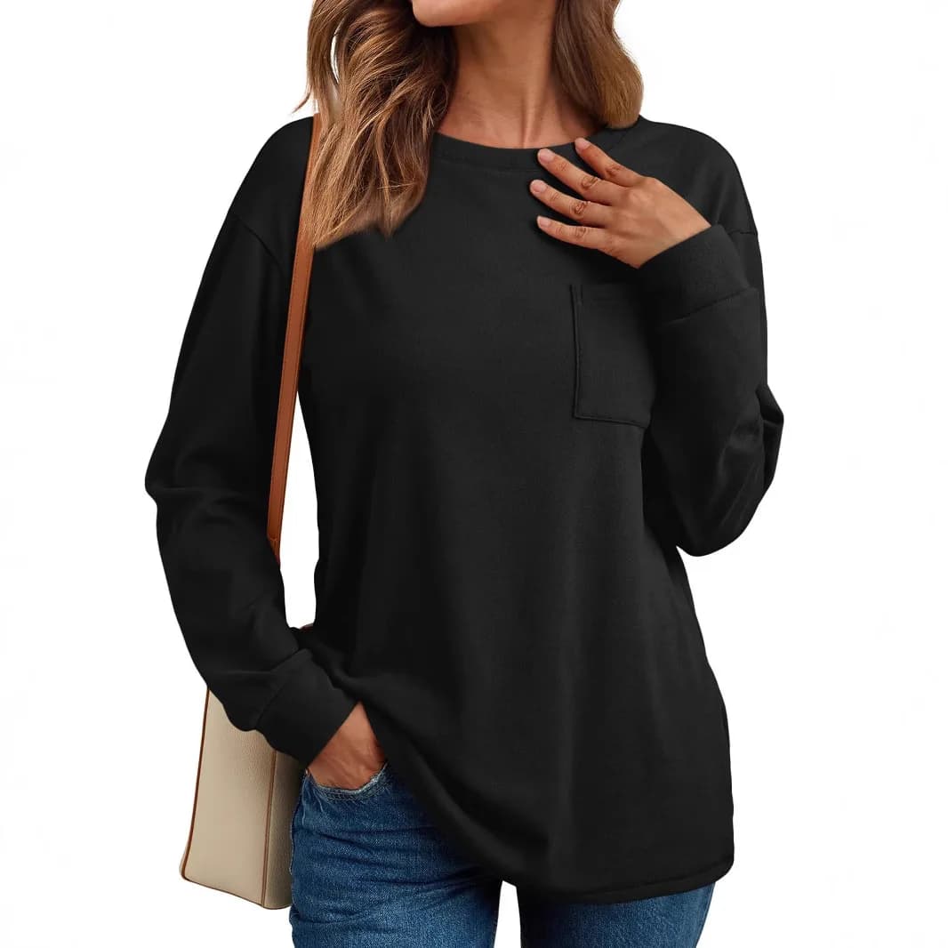 T-Shirt à manches longues et col rond pour femme, ample, décontracté, basique, automne hiver