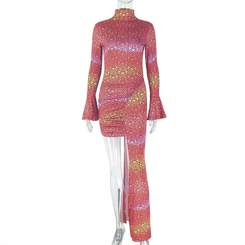 Robe plissée irrégulière à col roulé et manches longues évasées pour femme, taille haute, hanches en