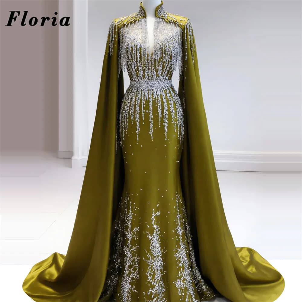Robes de cocktail sirène vertes à perles, robe de soirée personnalisée à manches longues pour femmes