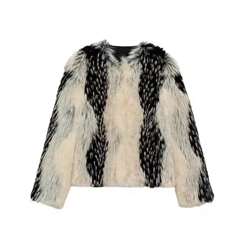 Chic rue fausse fourrure veste femmes manteau court élégant moelleux ample chaud à manches longues v