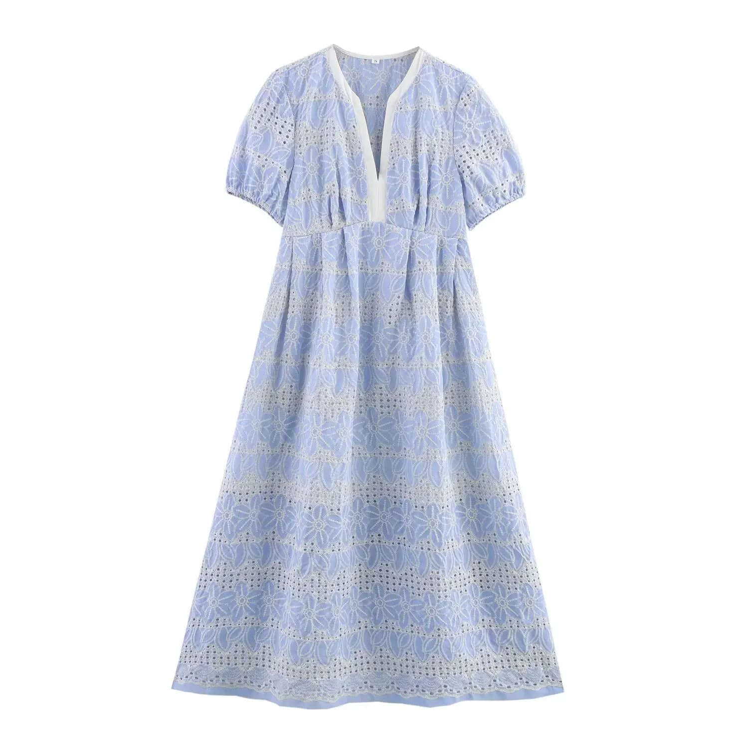 Nouvelle Robe d'été 2026 pour Femme, Col en V, Style Frais, Manches Courtes Évidées, Longueur Mi-Tai