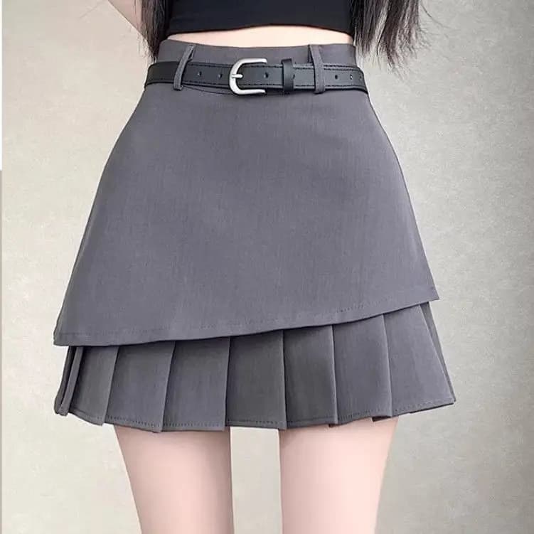 Jupe courte plissée à superpositions gris pour femme, taille haute, avec ceinture, style décontracté