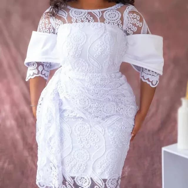 Robe mi-longue brodée à col rond pour femmes, robes vintage en dentelle blanche, tunique GT Hip, rét