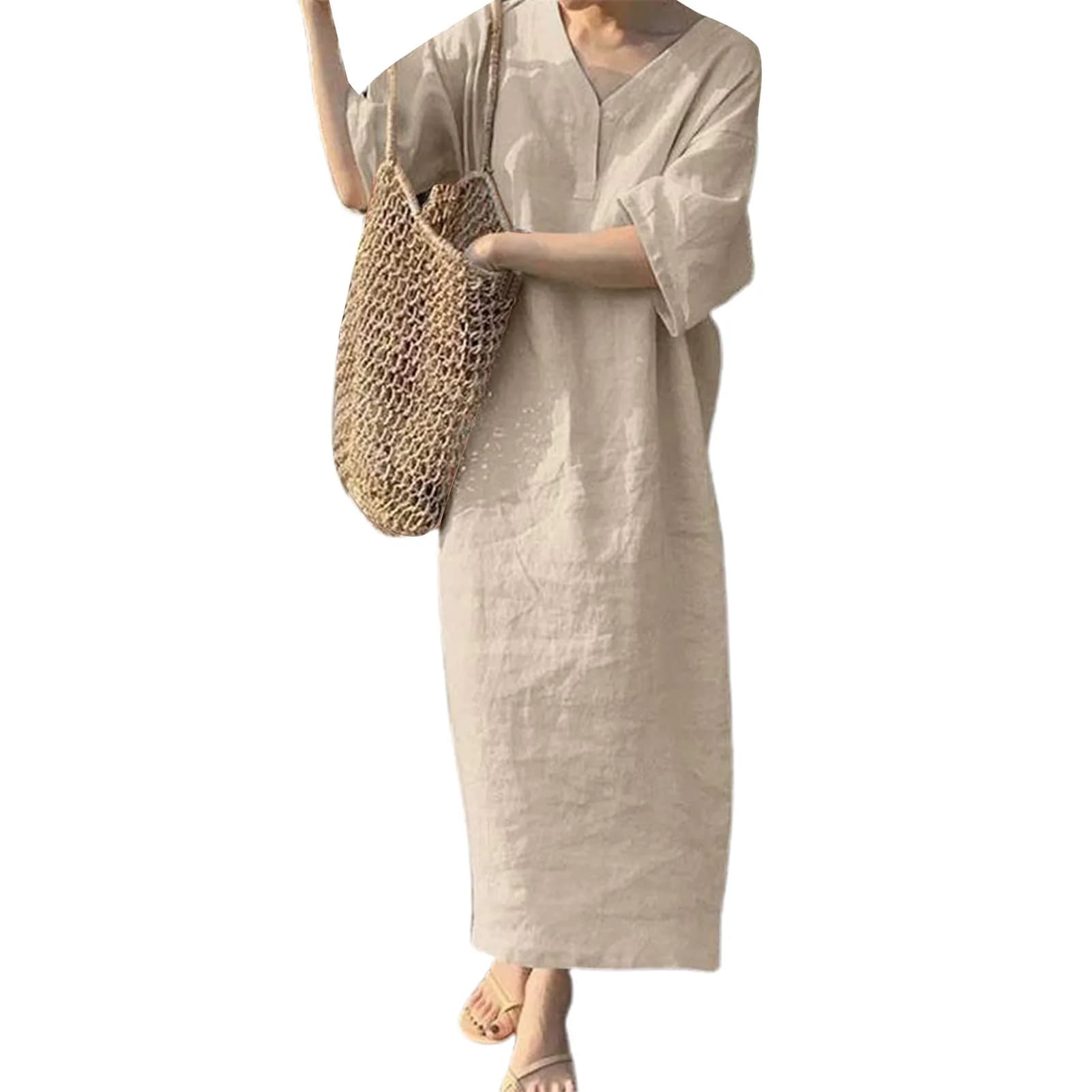 Mn-Robe à boutons en coton et lin pour femme, col en V, manches longues, décoration boutonnée, éléga