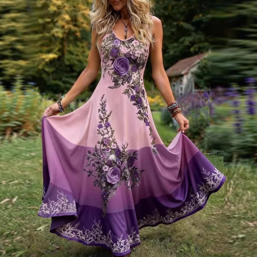 Robe longue bohème à imprimé floral pour femme, sans manches, col en V, taille haute, coupe trapèze,