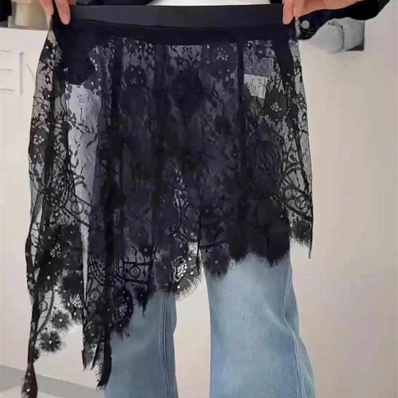 Jupe en dentelle patchwork pour femme, taille haute, avec panneau transparent superposé sur une jupe