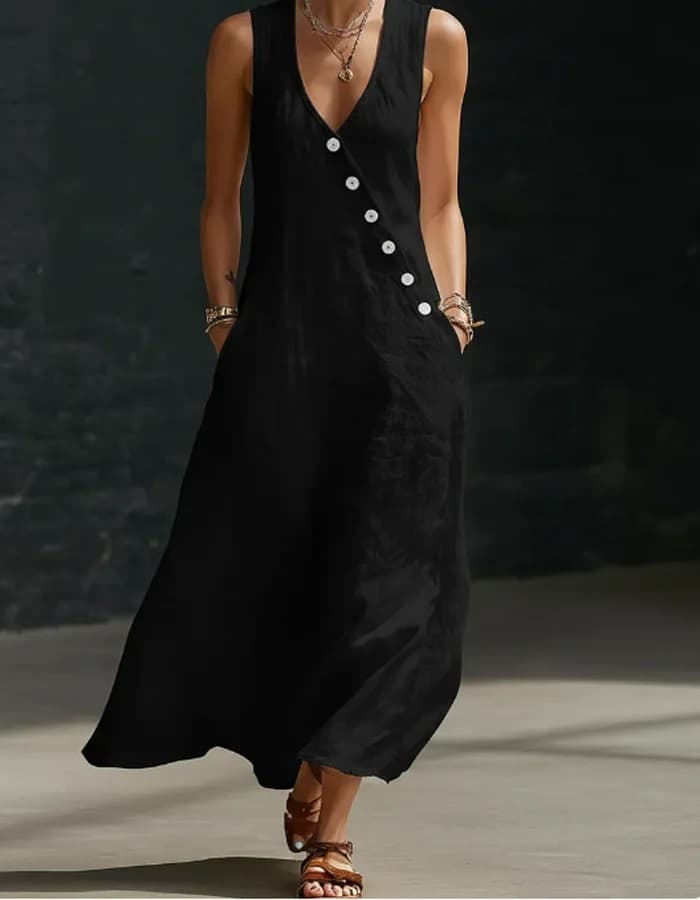 Robe longue décontractée pour femme, style décontracté, col en V, boutonnée, sans manches, coupe amp