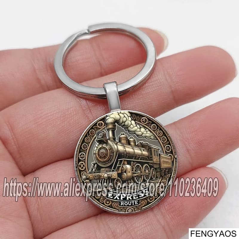 Porte-clés vintage imprimé plat en forme de train, locomotive élégante en alliage de zinc avec détai