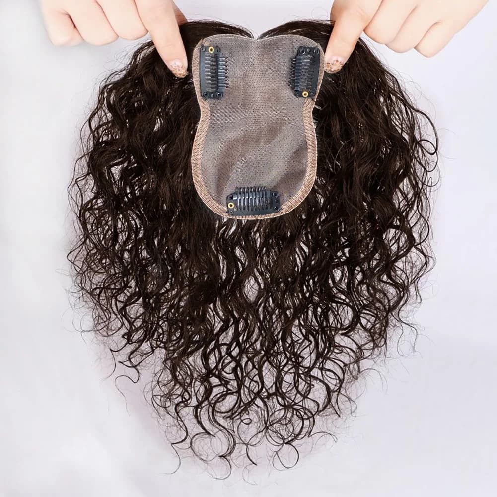 Partie centrale bouclés cheveux humains Topper pince en soie Base Wiglet postiche front délié rempla