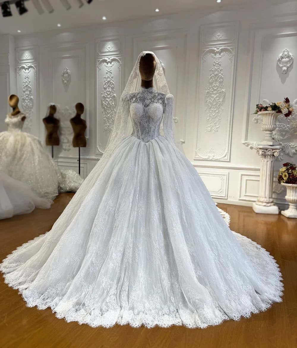 Robe de mariée de luxe en dentelle, manches longues, robe de bal, robe de mariée princesse, col haut