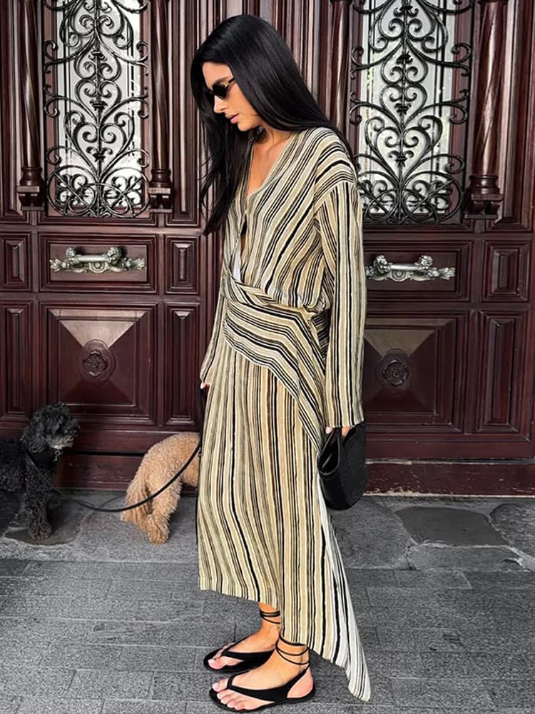 Robe longue asymétrique rayée avec ceinture pour femme, sexy, col en V profond, manches longues, aju