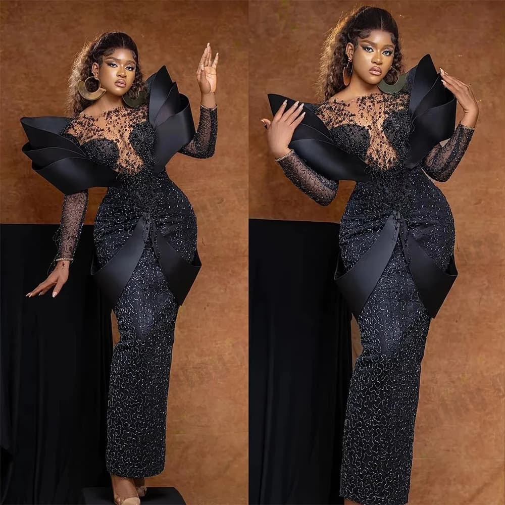Robe de soirée sirène en dentelle noire pour femmes, élégante, col rond, manches longues, robes de b