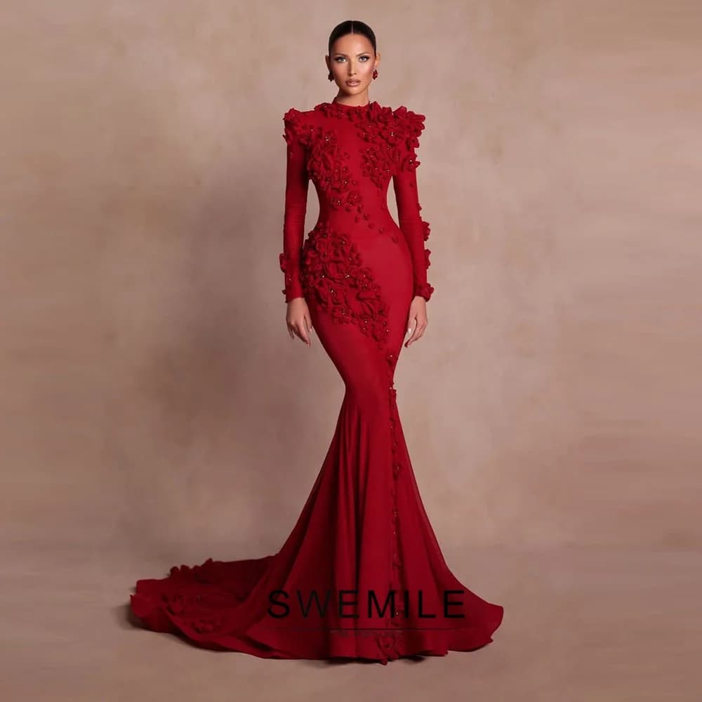 Robes de bal en crêpe rouge à col rond 2026 avec appliques élégantes, robe de soirée sirène dos nu à