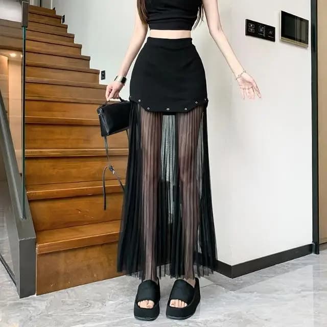 Jupe moulante en maille épissée pour femmes, noire d'été, semi-transparente, Sexy et élégante, Style