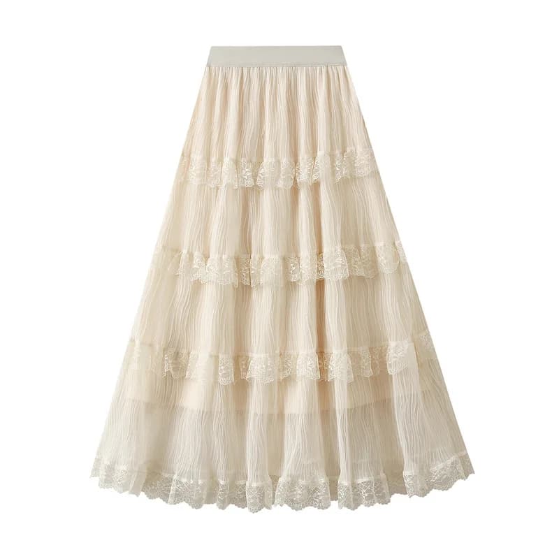 Fée plissée maille gaze Patchwork dentelle jupe femmes mode 2025 printemps été nouveau taille haute 