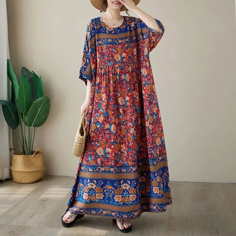 Robe d'été grande taille, col rond, imprimé en soie, ample, manches courtes, style bohème, longue, p