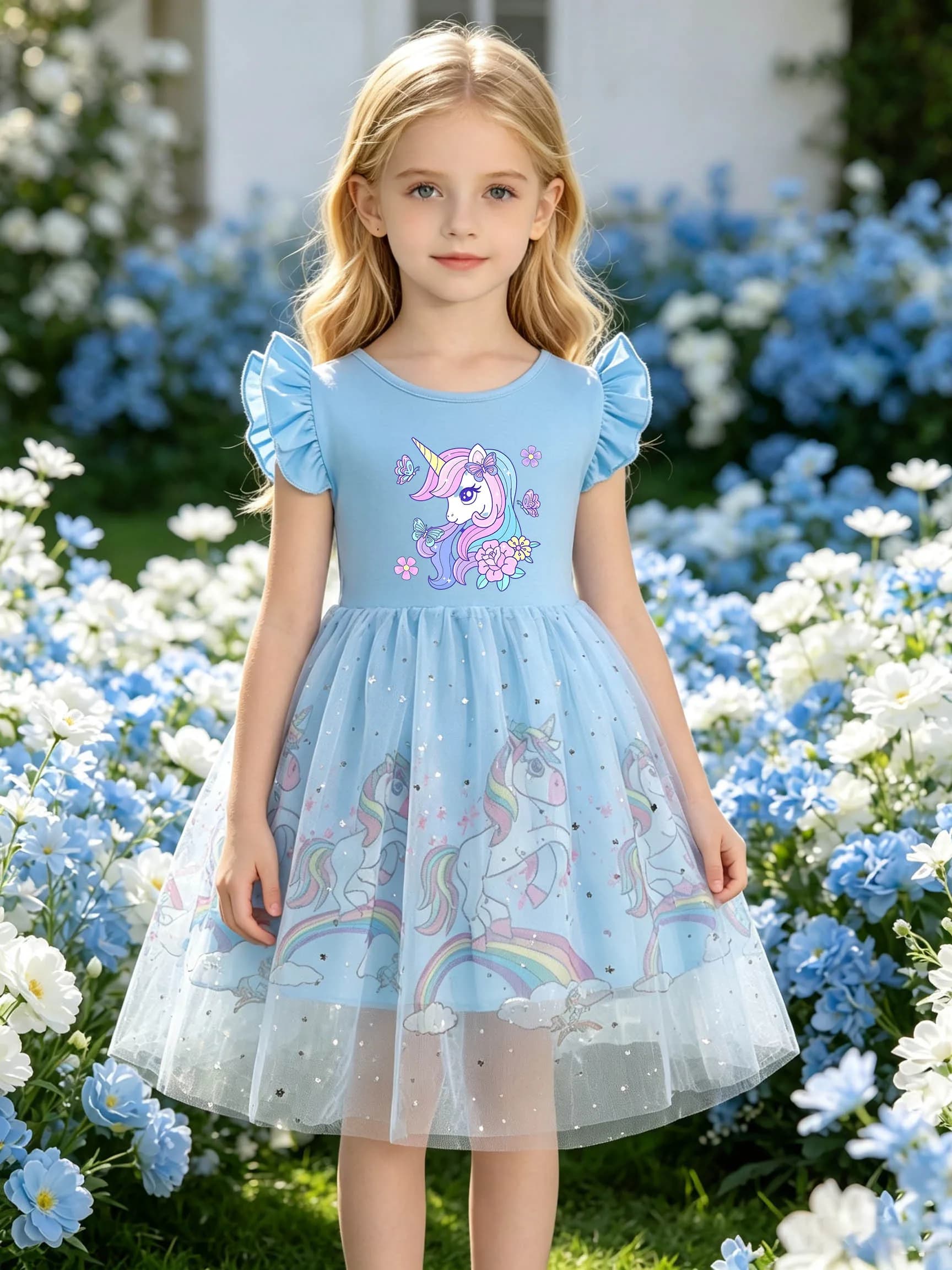 Robe de fée à manches courtes pour petites filles, motif floral, robe de fée en tulle bouffante pour