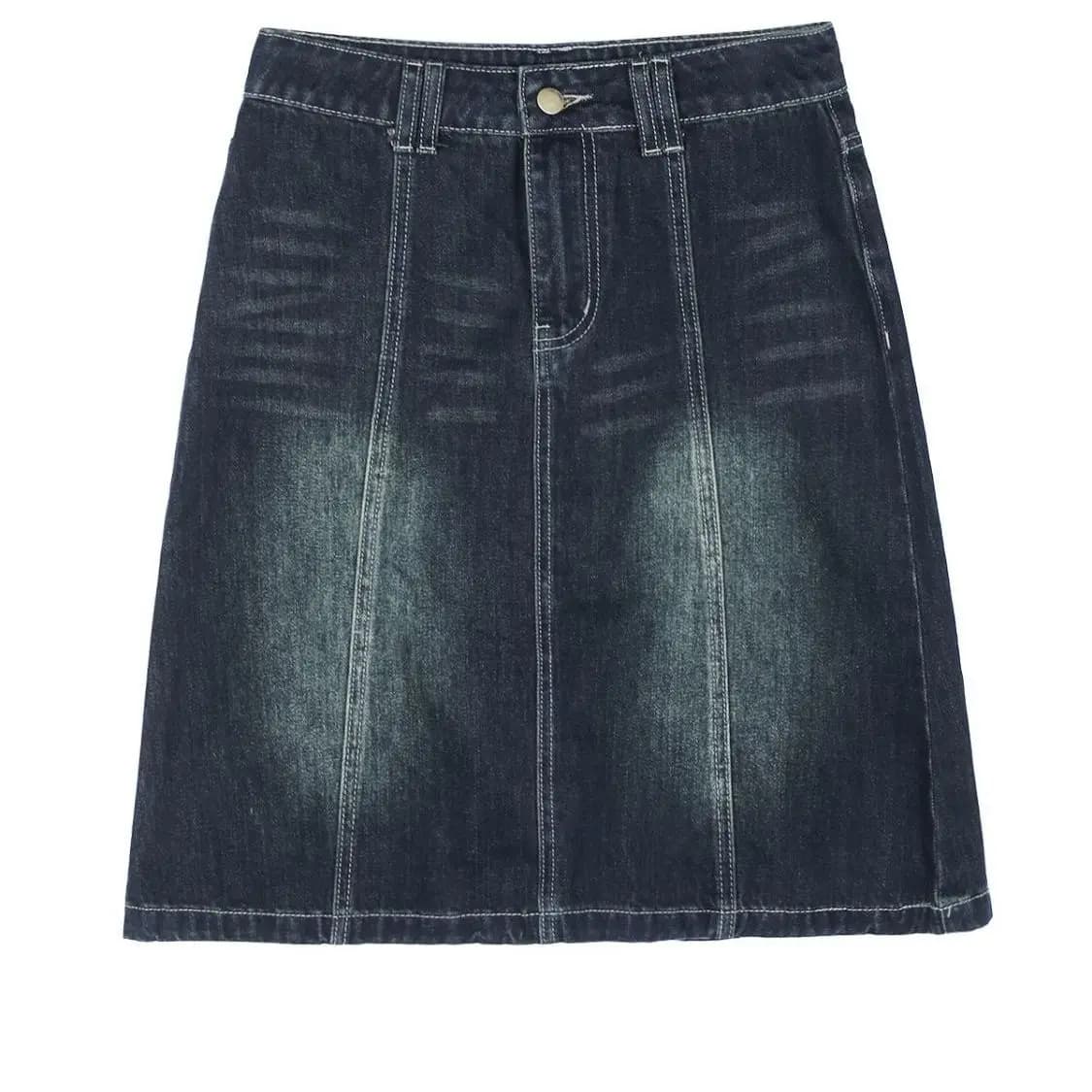 Jupe en jean vintage taille haute pour femme, collection été 2026, coupe trapèze mi-longue