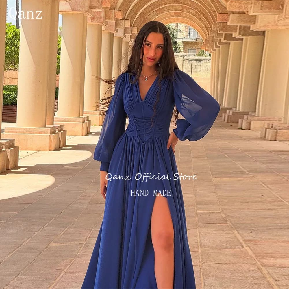 Qanz bleu Royal en mousseline de soie robe de bal manches longues bouffantes robe de soirée formelle